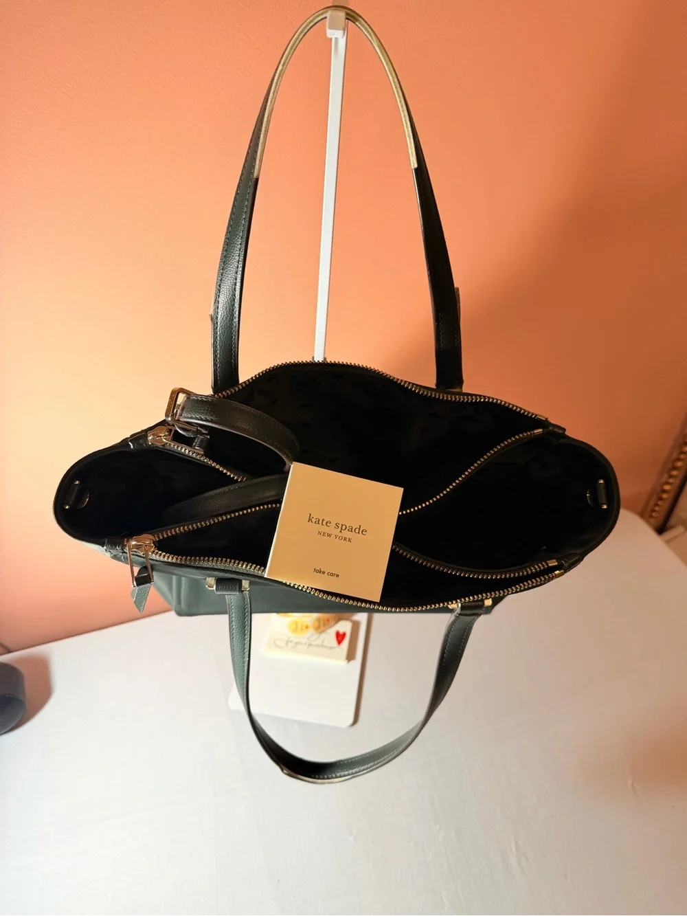 kate spade dark green tote with gold hardware